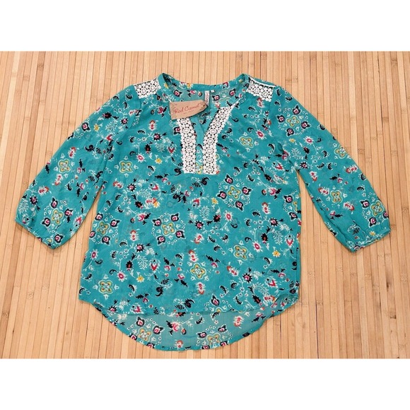 Red Camel / Green Sheer Puff Sleeve Crochet Peasant Blouse Top NWT / Size S - Picture 1 of 4